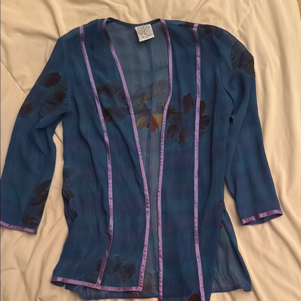 Sheer Blue Cardigan with Purple Trim